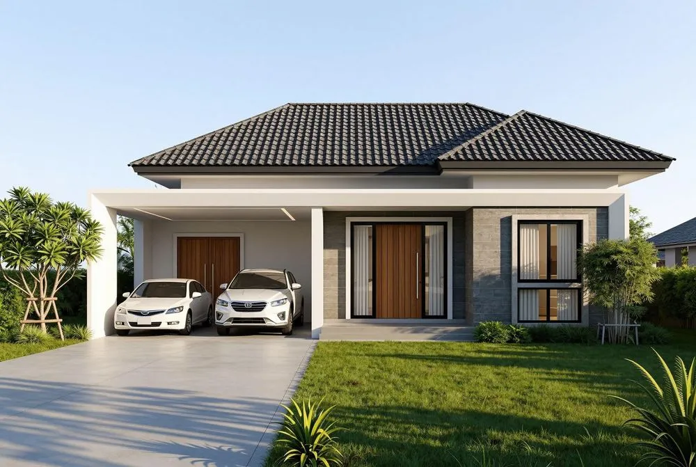 the car is parked next to a home