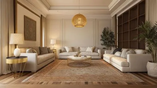 Design a luxurious Persian living room that blends traditional Iranian architecture with modern elegance. Create a spacious, symmetrical, and sophisticated interior featuring black carved classic (ste
