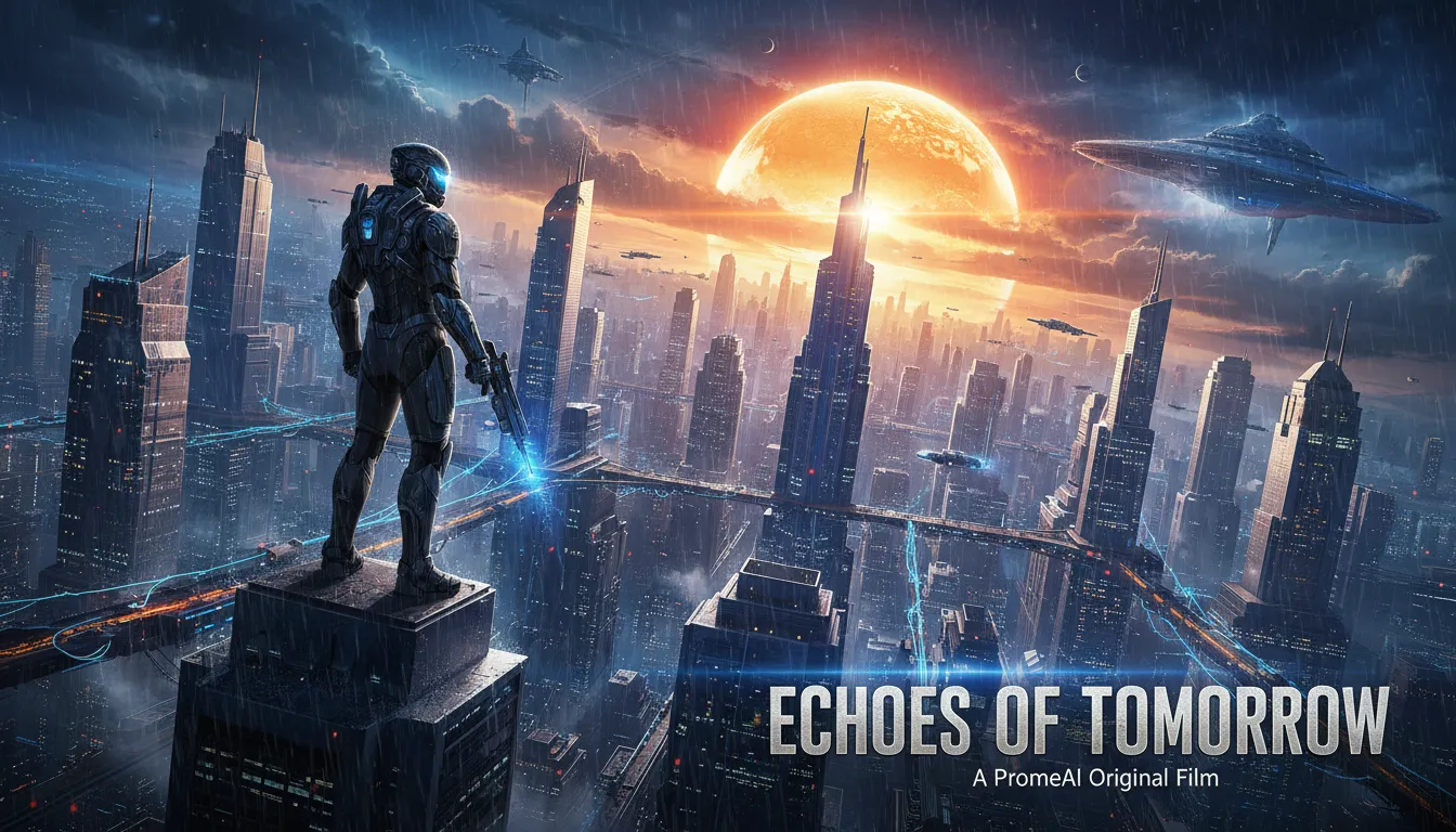 Un poster cinematografico sci-fi drammatico creato con PromeAI, con un personaggio illuminato da luce cinematografica su uno sfondo di città futuristica.