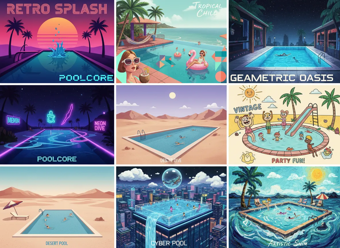 Una galleria di diversi poster Poolcore, ciascuno con una composizione unica, che mostra la varietà possibile con PromeAI.