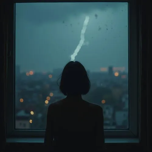 A person looking out the window in cloudy weather and raindrops falling on the window is a classic scene that is often paired with lo-fi music. The occasional flash of lightning or a blurry cityscape 
