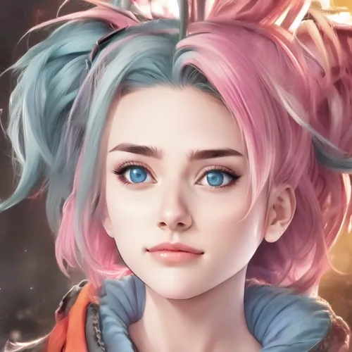 a close up of a person wearing a blue and pink wig,maeve,naimiy,jinx,liora,lucie,rafaela