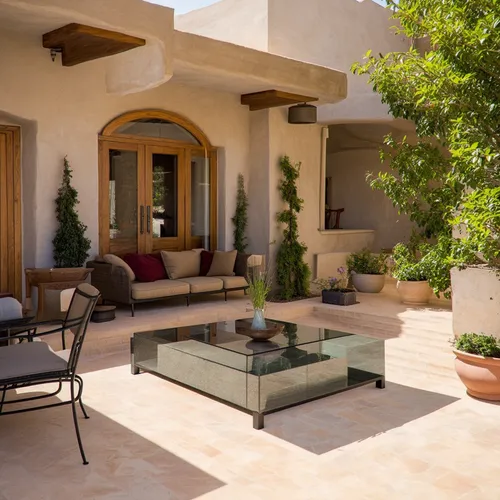 a classic courtyard villas, sustainable modern design in the middle eastern region,patio with tables, couches and plants with potted trees outside,stucco wall,patio furniture,outdoor furniture,patio,l