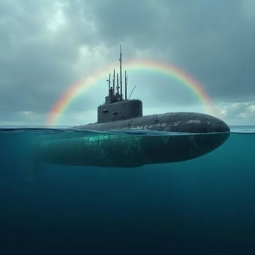 largest submarine rainbow
,a submarine in the ocean with a rainbow,submariners,antisubmarine,submarines,submarine,submariner,rainbow at sea,submersible,unsinkable,us navy,decommissioned,electric boat,