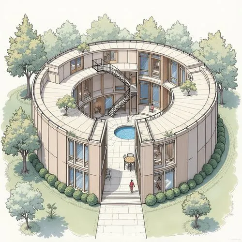 (magazine layout:1.2) of a circular residence with (construction material suggestion:1.2), an open central courtyard, curved walls, (a central skylight: 1.2), and multiple levels connected by (a spira