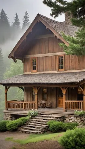 Idaho style building, rustic wooden exterior, stone foundation, steeply pitched roof, dormer windows, wooden shutters, greenery vines crawling up walls, American country flag hanging from porch, woode