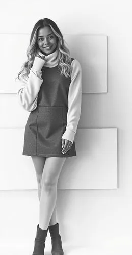 a pencil drawing,a girl with short legs standing on the white wall,image editing,photo shoot with edit,authoress,navies,colorless,white background,uncolored,black and white photo,concrete background,c