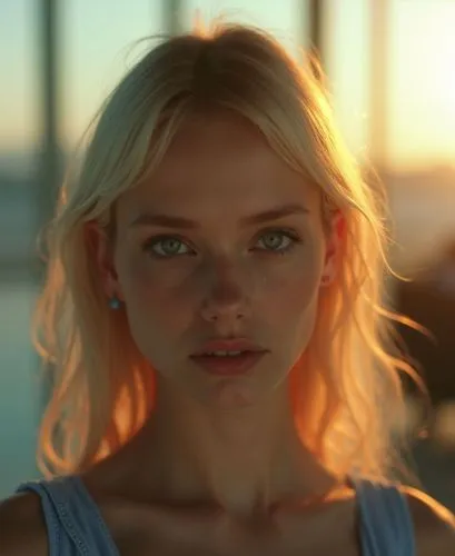 A portrait of a beautiful young woman with long blonde hair flowing for her shoulder, green eyes stand up on airport floor at sunrise. She is wearing ight blue sleeveless top, having porcelain skin. S