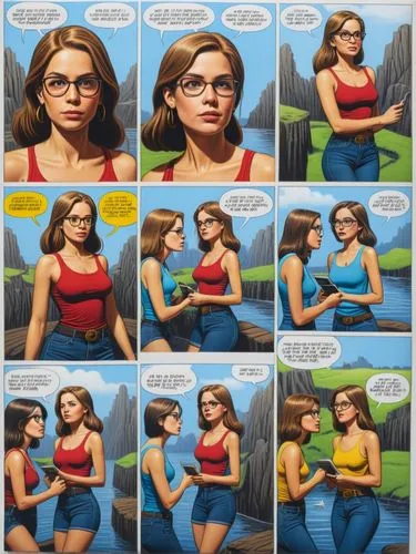Design a fun comic page for a youth magazine.,a comic strip with the words, ` girl's day,vidya,comic speech bubbles,social,macarena,picture puzzle,pixton,Illustration,Vector,Vector 15