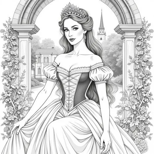 A beautiful, elegant woman with long, wavy brown hair, wearing a stunning, off-the-shoulder, silver corseted dress with puffed sleeves and a flowing skirt. she is seated in the middle of the image, wi