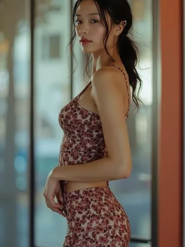 Side view of a pretty Japanese woman,young asian woman in flower dress leaning against glass door,mirena,floral skirt,anqi,vintage asian,qipao,asian girl,floral dress,jiyun,xiaoli,floral,nodari,phuquy