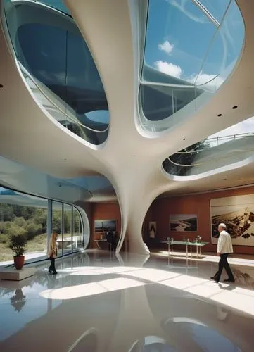 interior of a museum by Zaha Hadid, award winning design,  highly detailed,an interior po of a building with several people walking around,futuristic art museum,futuristic architecture,sky space conce