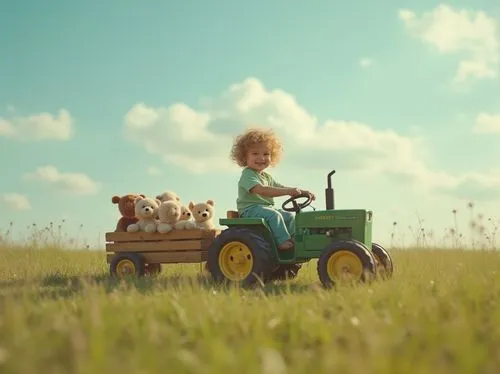 A nostalgic scene of a curly-haired child driving a miniature green tractor, with a wooden wagon full of plush toys, in an open grassy meadow, clear blue sky overhead. The child is smiling as soft clo