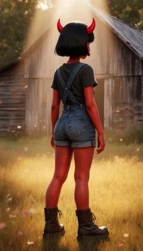 in overalls is shown, looking at a house with the roof partially torn off,farm girl,countrywoman,cowgirl,farmer in the woods,cowpoke,ox,cowman,bedevil,farm animal,fallout,farmer,rancher,minotaur,jodhp
