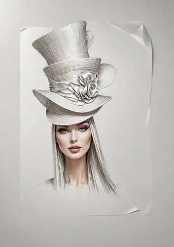 
эскиз кутюрье   для обложки журнала  мод белый фон шикарно шляпка ,a woman's hat with a flower in it,millinery,milliner,silver lacquer,white fur hat,crown render,hatbox,ladies hat,the hat-female,mill
