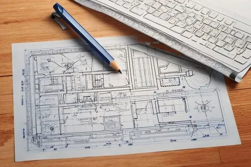 Architectural diagram, blueprint, technical drawing, 3D modeling, grid paper, graph paper, pencil, ruler, protractor, eraser, sharpener, desk lamp, modern office, bright lighting, wooden floor, minima
