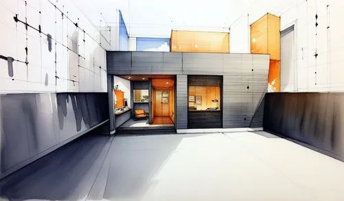 the view of a modern building in the daytime,prefab,corridor,school design,hallway space,polygonal,wall completion