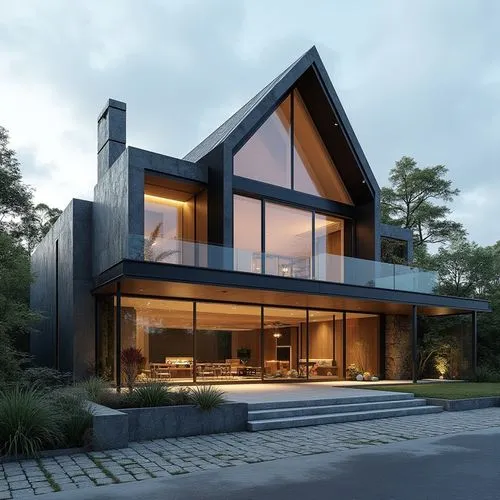 A hyper-realistic, high-resolution architectural photograph of a contemporary, two-story luxury home featuring a prominent A-frame roofline and a striking, double-height glass façade. The exterior wal