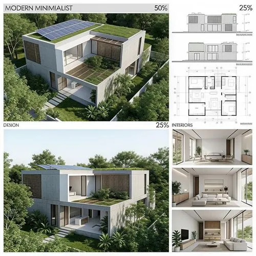 Architectural presentation board of a modern minimalist sustainable house. The board is divided into three sections: the first section (50% of the board) features a large high-quality photorealistic r