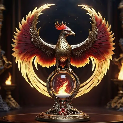 Majestic phoenix emerging from an ornate hourglass filled with glowing ashes, dark crimson feathers blending into bright gold tips. The hourglass frame is made of intricate silver metalwork with runes