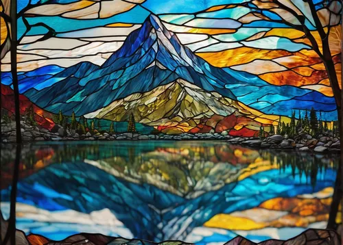 landscape photography of mountain near body of water,glass painting,stained glass window,colorful glass,stained glass pattern,stained glass,mosaic glass,glass window,vermilion lakes,stained glass wind