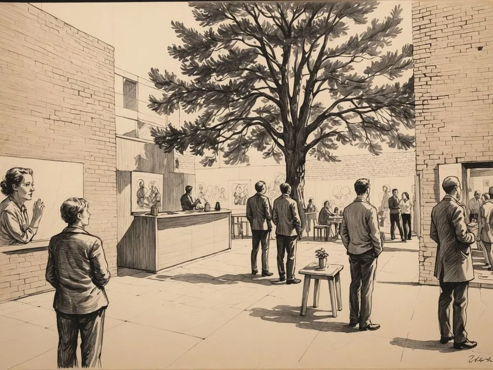 a group of men stand around a tree with an empty bench