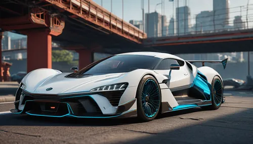 a white car sits on the pavement and parked under a bridge, in the style of precisionist lines, rtx, heian period, ue5, black and azure, electric, dynamic and action-packed,electric sports car,gumpert