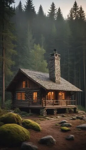Rustic cabin, wooden structure, sloping roof, stone chimney, large windows, cozy porch, surrounded by tall trees, forest environment, misty morning, warm lighting, 3/4 composition, depth of field, nat