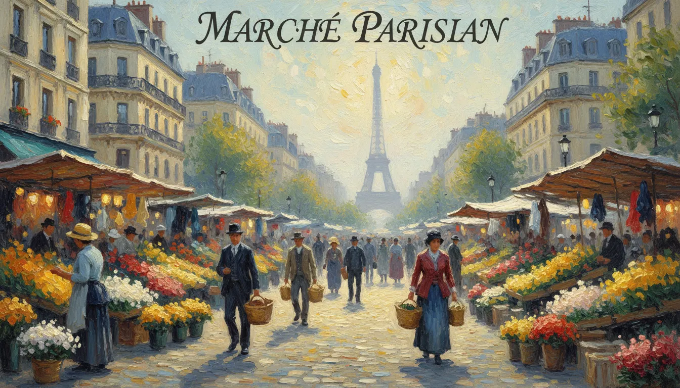 Poster generato dall'AI in stile impressionista di un vivace mercato di strada parigino, con messa a fuoco morbida e pennellate visibili sulle figure e sugli edifici.