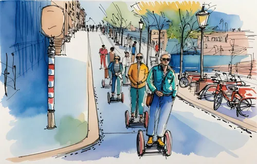 some people are riding segways down a street,cycleways,cycleway,bicycles,bicycle lane,city bike,bicycle path,bicyclists,bike path,bike land,cyclists,bicycle ride,bike city,bicycled,bicycling,abbesses,