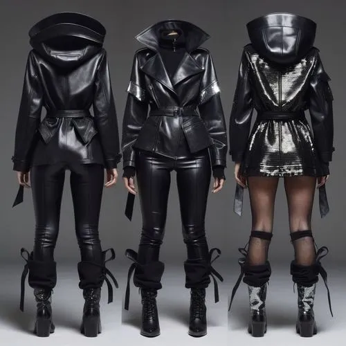 four women wearing leather clothes and tight boots,leathers,black leather,outerwear,leather,blackguard,black coat,fashion vector,leatherette,cloaks,jackets,raincoats,outfits,coats,cyberpunks,armors,ga