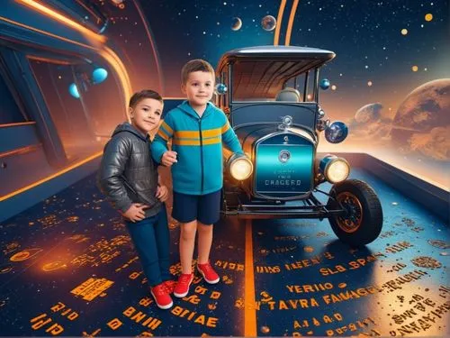Дети и ретро автомобиль в космосе,two boys pose next to the astro sign,planetarium,lost in space,planetariums,film poster,moon car,astronautical