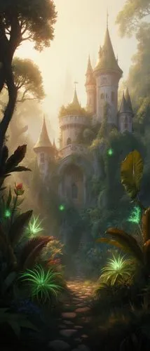 Cinematic draw of a near-fantastical castle integrated with nature, glowing soft warm light, surreal lush gardens with oversized plants and glowing flora, ethereal atmosphere.,a digital painting of so