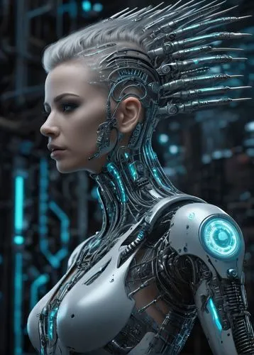 pencil drawing of girl, masterpiece, 8k,a woman with spikes on her head standing in front of a machine,cyberangels,cyberia,cyborg,cybernetic,cyberdog,cybernetically,cyberian,cybernet,transhuman,fembot