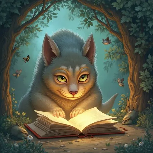 Interesting and fantastic storybook illustrations, super quality, 16k,an animal with a book on the ground,nederpelt,felino,thunderclan,jayfeather,mehitabel,felidae