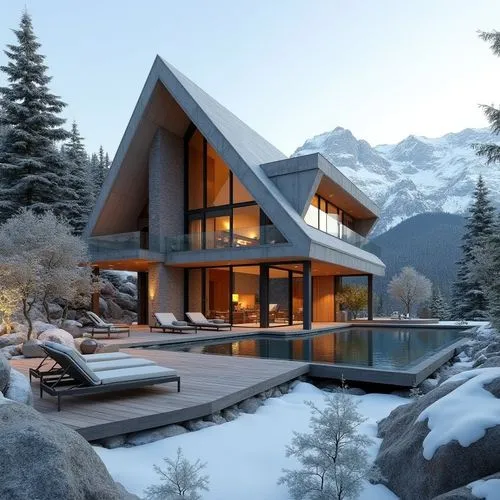 A hyper-realistic, high-resolution architectural photograph of a luxurious, alpine-style modern villa nestled in a mountainous landscape. The home features a prominent A-frame roof and is constructed