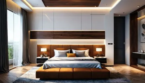 Modern bedroom interior design for Modern contemporary interior design,a modern bedroom with large, tall ceilings and light wood,headboards,modern room,contemporary decor,headboard,sleeping room,moder