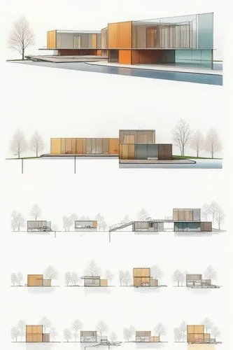 A diagram showing the process of forest hideaway timber resort with each step represented by different architectural sketches and digital construction models of building structures and dimensions. The