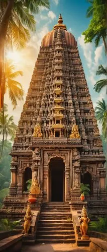 South Indian temple, intricate carvings, ornate pillars, towering gopuram, vibrant Hindu gods sculptures, colorful frescoes, golden domes, majestic entrance gates, lush greenery surroundings, tropical