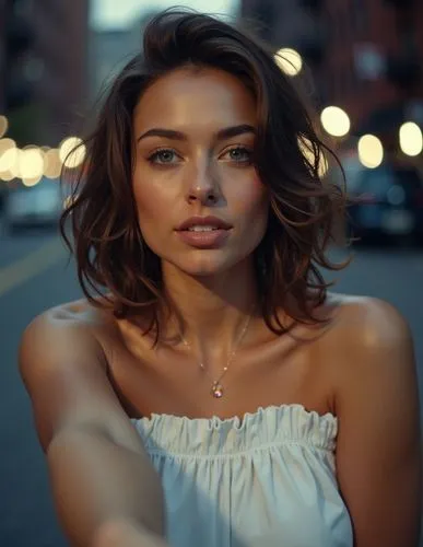 an oil paint selfie style of a beautiful young woman, 23 years old, with short brown hair and blue eyes, wearing a white dress with a neckline, standing gracefully on a quiet street in a dimly lit sec