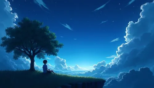 A boy sitting under a tree near a cliff in the grassland , seeing a vast night sky with fluffy clouds and brush strokes , Tall Grass Stone, , Makoto Shinkai Cyril Rolland, Anime art wallpaper 4k, Anim