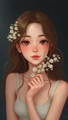 Image is a portrait photograph featuring a young woman with fair skin and long, wavy brown hair. Her facial features are delicate, with a soft expression and subtle makeup highlighting her eyes and li
