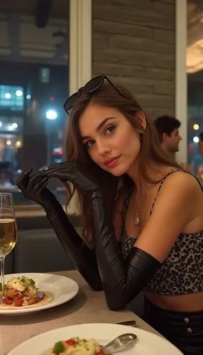 **"A casually filmed, unfiltered video taken with a regular phone at a bright, modern Italian restaurant. The camera, held by her friend, is slightly shaky and imperfect, capturing a spontaneous momen