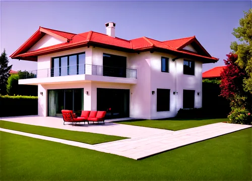 Beautiful villa, modern architecture, large windows, white walls, red roof tiles, green grass lawn, blooming flowers, outdoor furniture, sunny afternoon, soft lighting, 3/4 composition, warm color ton