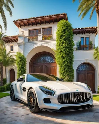 Modern luxurious villa, Mediterranean style, white marble exterior, grand entrance, large wooden door, ornate ironwork, sprawling green lawn, colorful flower beds, tall palm trees, curved driveway, sl