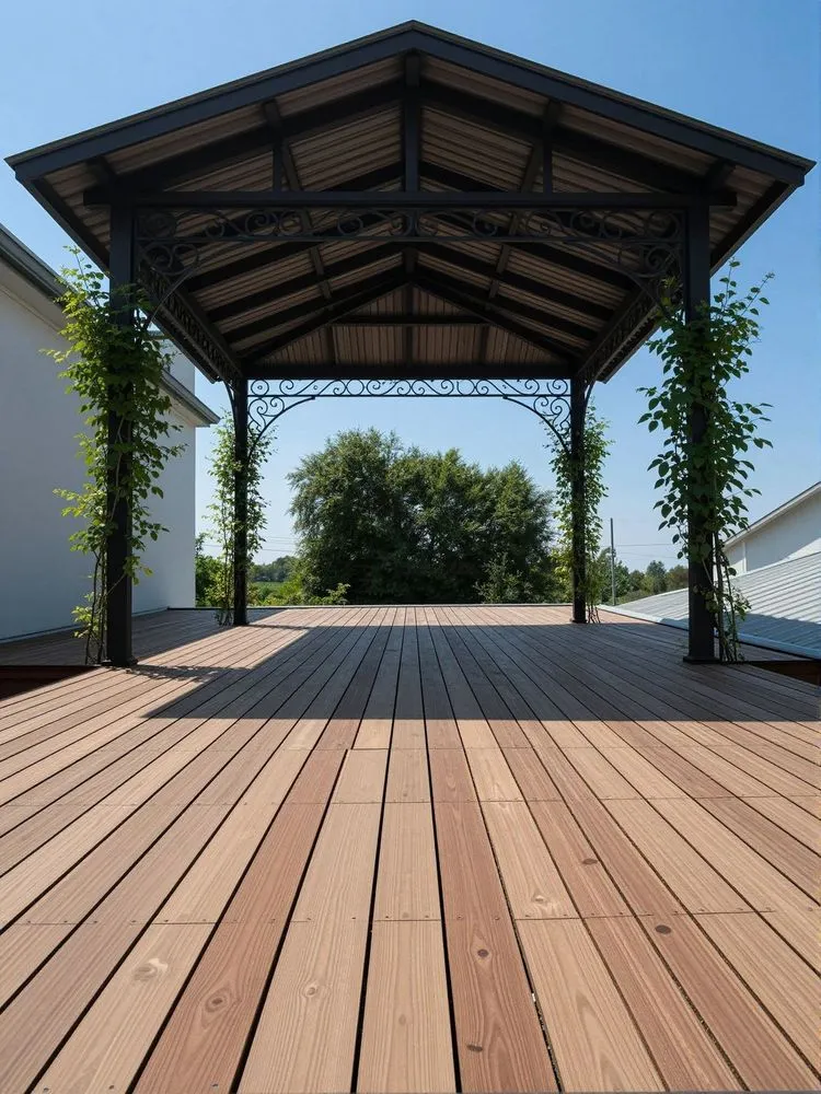 a pergolade is built into a wood deck