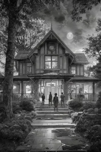 a black and white image of three people walking towards a house,witch house,house in the forest,forest house,witch's house,ravenswood,crewdson,Art sketch,Art sketch,Concept