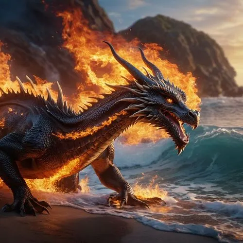 dragon.  , on ocean fire,the large, winged dragon is standing on the shore,dragon fire,fire breathing dragon,dragon of earth,dragon,dragons,black dragon,fire background,painted dragon,dragon design,fi