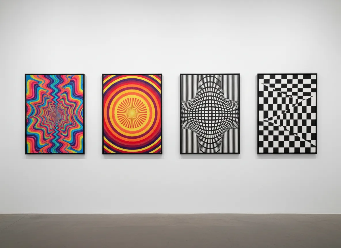 PromeAI के साथ बनाए गए ऑप आर्ट की चार अलग-अलग शैलियों को दिखाने वाला एक गैलरी व्यू, जिसमें रंगीन साइकेडेलिक से लेकर न्यूनतम मोनोक्रोम तक शामिल है।