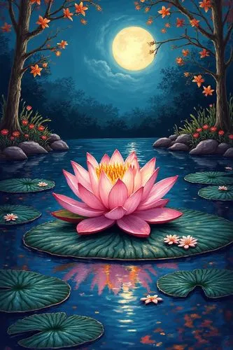 A creatively interpreted impressionist image showcases a large, radiant lily pad adorned with shimmering, floral tendrils, gently drifting on a tranquil and radiant lake beneath the gentle glow of a f